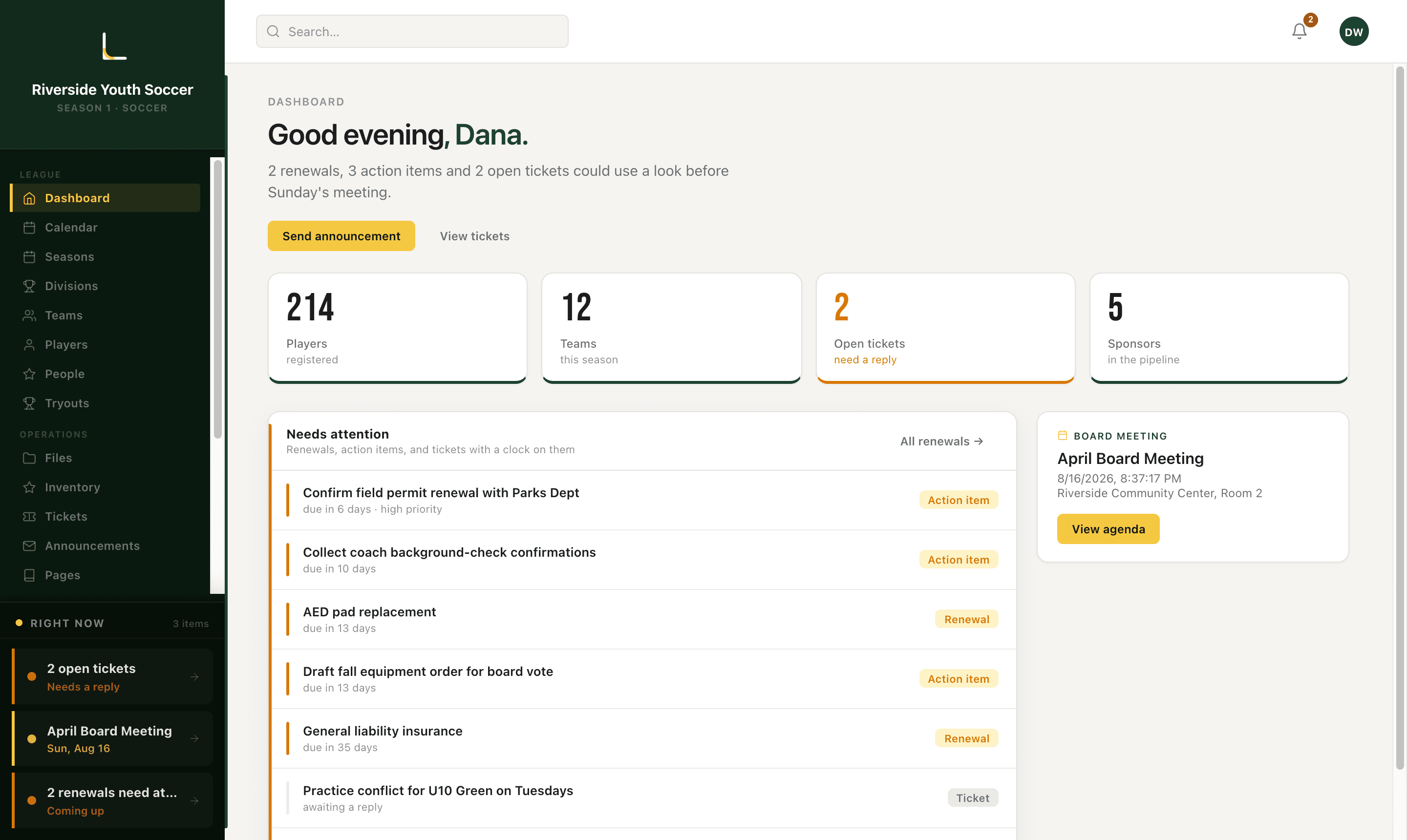 The league dashboard: a needs-attention list of renewals, action items and tickets with due dates, player and team counts, and the next board meeting.