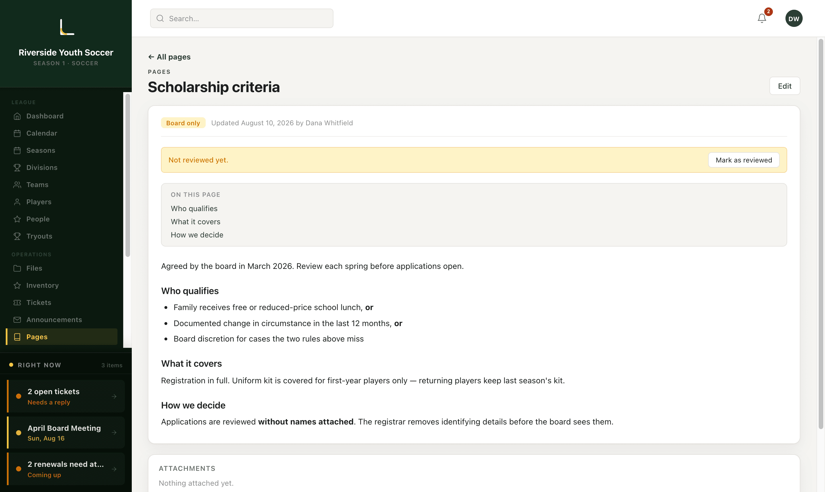 A wiki page holding the league's scholarship criteria, written by the board.
