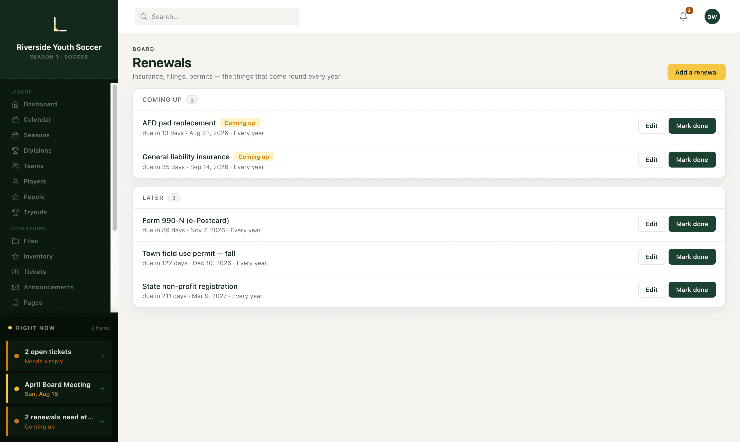 The Renewals screen showing insurance, tax filings and permits grouped into what is coming up and what is later.